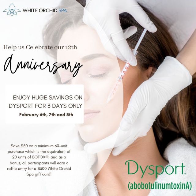 Happy Anniversary Month!🎉

This month we celebrate our 12th anniversary and to celebrate we are sharing some big savings with you! 
On February 6th, 7th, and 8th only we will be offering huge savings on Dysport and a chance to win a big prize! 
Call to schedule before your chance is gone! 
772.231.1133