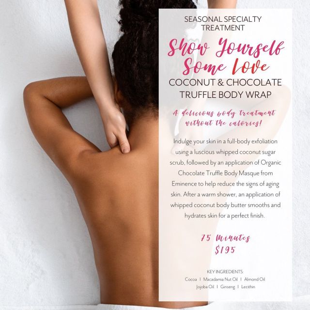 Are you giving yourself some self love this Valentine’s Day? 💋

Chocolate isn’t only for consumption! Treat yourself to our Coconut & Chocolate Truffle Body wrap! Indulge your skin in this special treat! 🍫

Call today to schedule your spa day! 
772.231.1133