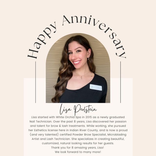 Cheers to 8 years 🎉

Congratulations Lisa! We are grateful to have such a talented and skilled brow and lash artist a part of our team! If you haven’t scheduled your next brow service with Lisa what are you waiting for?! 📞💁🏼‍♀️
