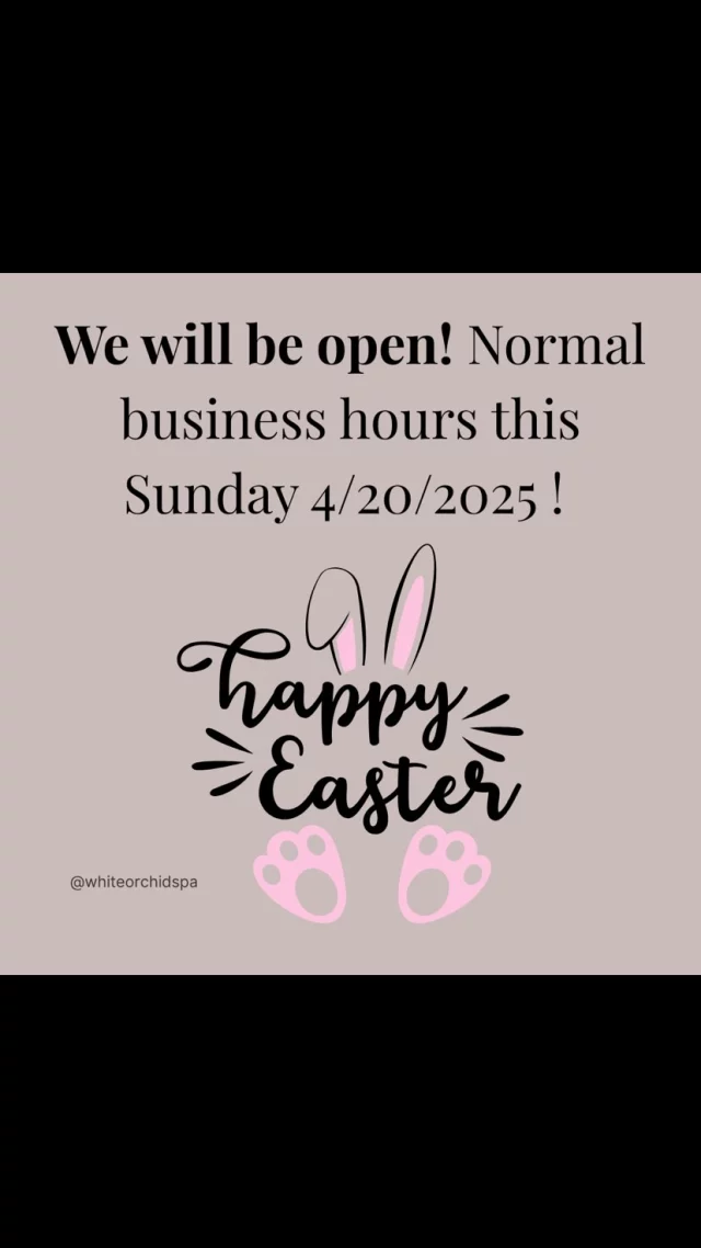 🌸🐰Happy Easter🐣🌼

We’re open this Sunday, 4/20/25 with normal business hours from 10:00am-6:00pm (doors open at 9:30am). ✨Hop in for some well-deserved relaxation and unwind with us this Easter Sunday! 

Call 📞/ Text 💬/ Email 📧/ Book online 💻 
-your next spa day is just a hop away!! ☺️ #selfcare #whiteorchidspa #kimpton #relaxandunwind #easter #eastersunday #selfcaresundays #open