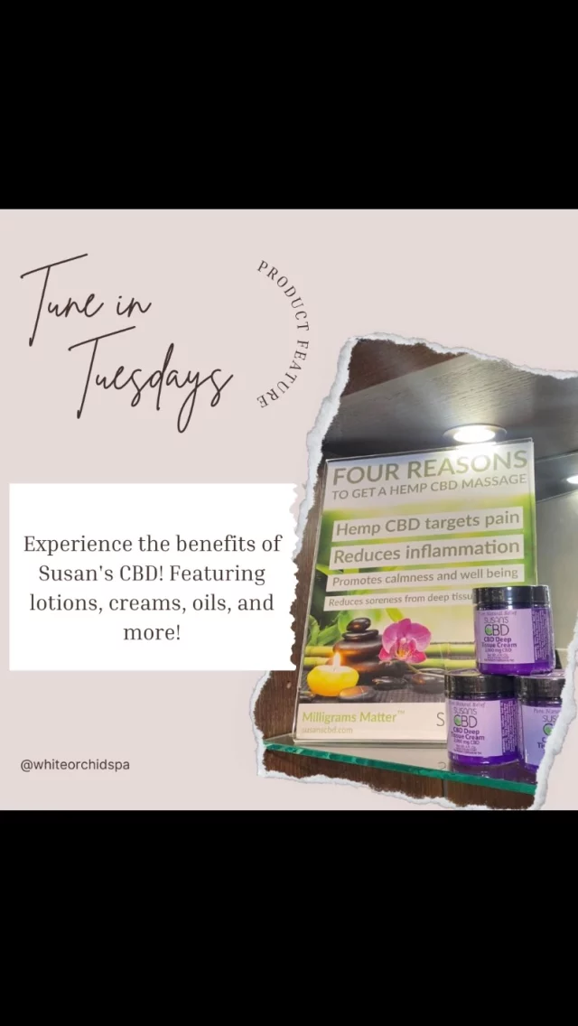 Tune in Tuesday!! Product Feature: 
✨Now offering Susan’s CBD!✨

You can add this soothing CBD to your massage reservation or purchase the full size product located in our spa boutique! 💆🏻‍♀️🌿

We have lotions, oils, creams, roll-ons, and more. Come try out our testers and experience the benefits for yourself!🧴Exciting news!! This will be featured in our May and June 2025 promotions!! #whiteorchidspa #cbdproducts #susanscbd #spa #verobeachflorida #kimpton #relaxation