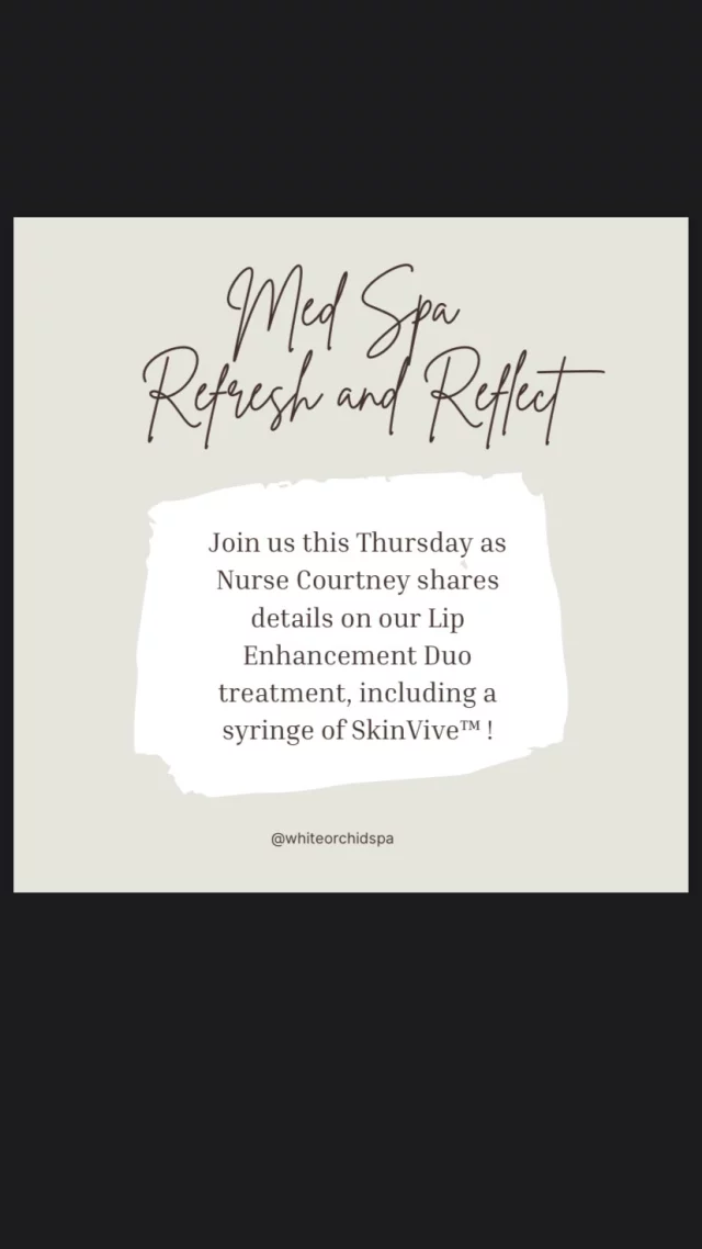 🌟Thursday Med Spa Refresh & Reflect!🌟

Pucker up for our Summer Smooth Sale! 💋💉Enhance, smooth, and define your pout with our Lip Enhancement Duo treatment, including a syringe of SkinVive™ by Juvéderm® to keep vour lips irresistibly plump and hydrated! Our expertly crafted lip enhancement adds volume and definition for a fuller, natural look perfect for beach days and summer nights! ☀️🌿

Don’t wait! Schedule your reservation today as this promotion is valid until June 30th,2025 !  #whiteorchidspa #selfcare #relaxandunwind #verobeachflorida #kimpton #medspa #filler #lipfillers #scheduletoday