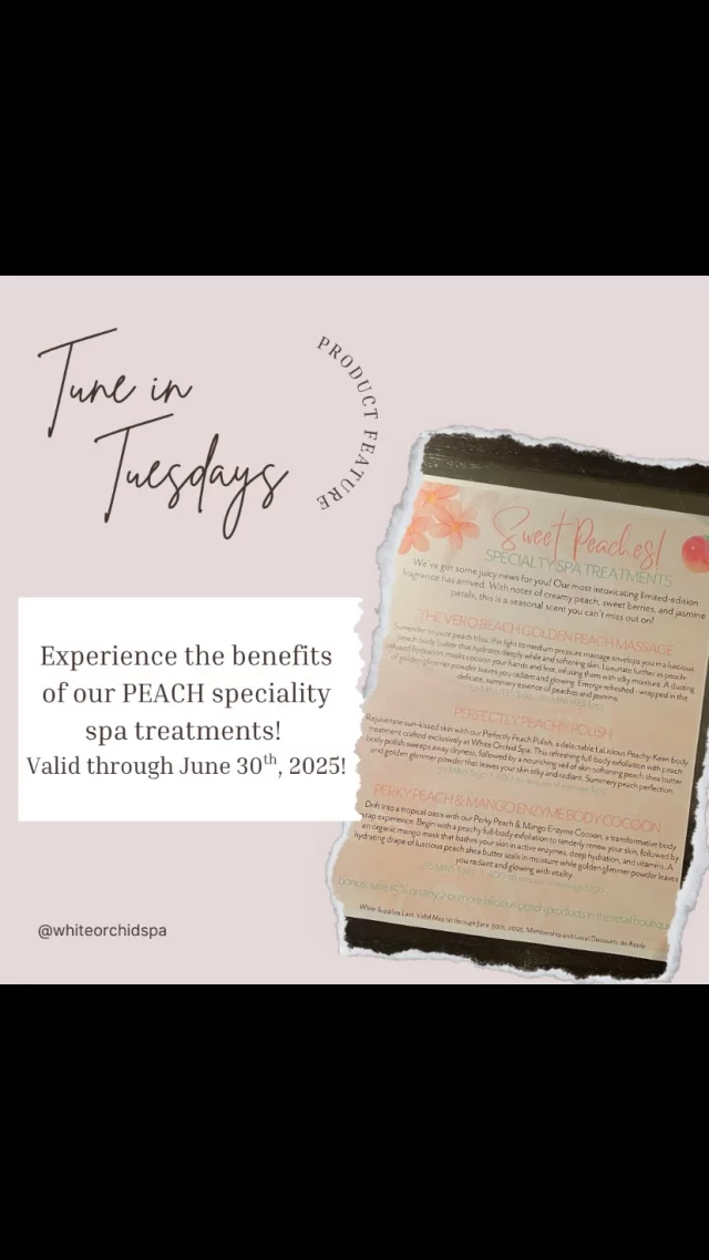 Product Feature: ✨Peach specialty treatments!✨

🍑Sweet peaches are in season! Indulge in our limited-edition Specialty Spa Treatments, featuring the heavenly blend of creamy peach, sweet berries, and jasmine petals. 🌸💕 

Plus, enjoy 15% off when you buy any 2 or more delicious peach products in our retail boutique! Treat yourself today! #spaday #massage #whiteorchidspa #selfcare #verobeachflorida #spa #peach #peachykeen #massagetherapy #bodypolish #relaxandunwind